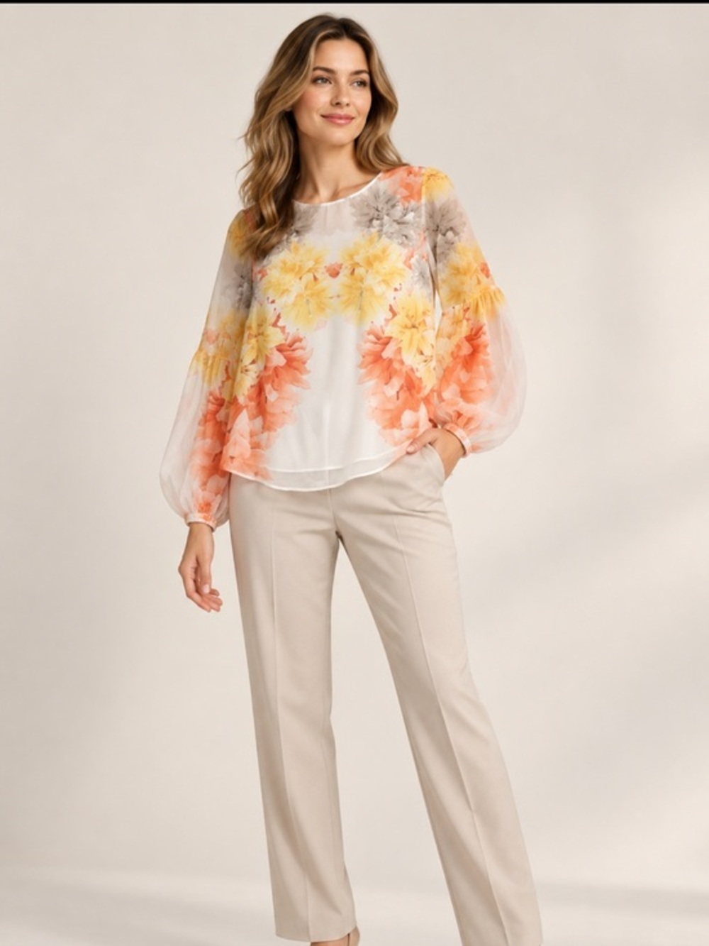 Calvin Klein Floral Organza Balloon Sleeve Blouse Medium